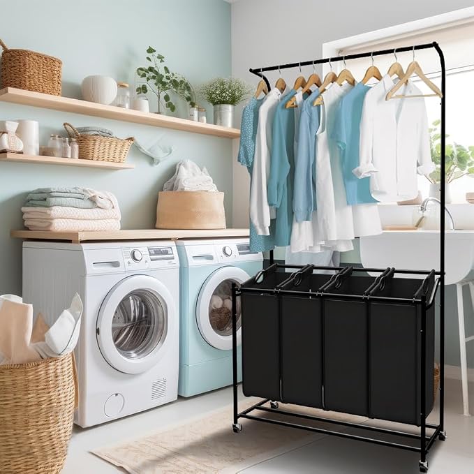 LUCKUP Laundry Sorter 4 Sections with Hanging Bar, 4 Bags Laundry Hamper Rolling Laundry Basket Cart with Lockable Wheels for Laundry Room Bathroom Bedroom, Black - Image 6
