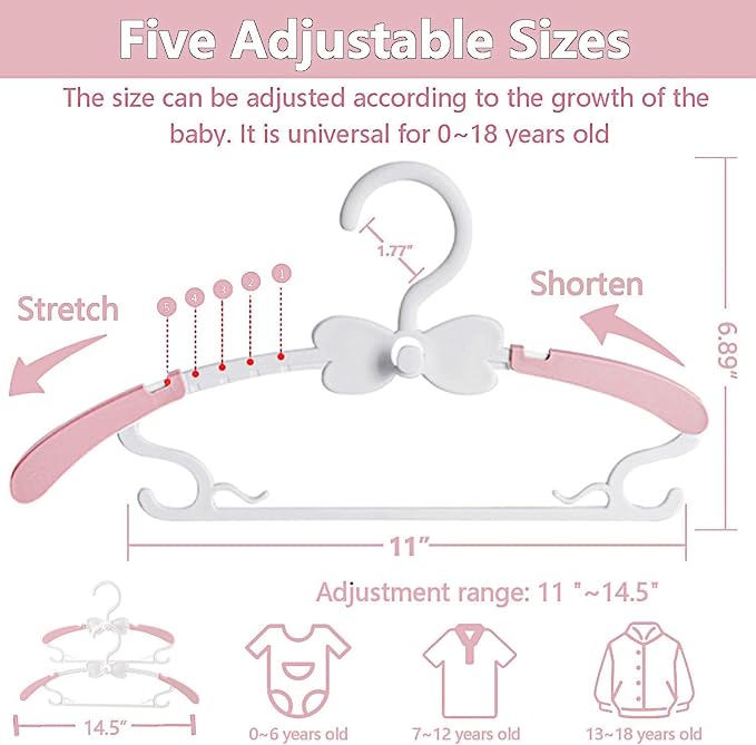 Baby Clothes Hangers, 11-14.5" Adjustable Kid Hangers for Newborn Closet, Plastic Small Infant Hanger for Toddler Pant, Child Coat Hanger for Boy Nursery Clothing, Girl Dresses, 50 Pack - Image 2