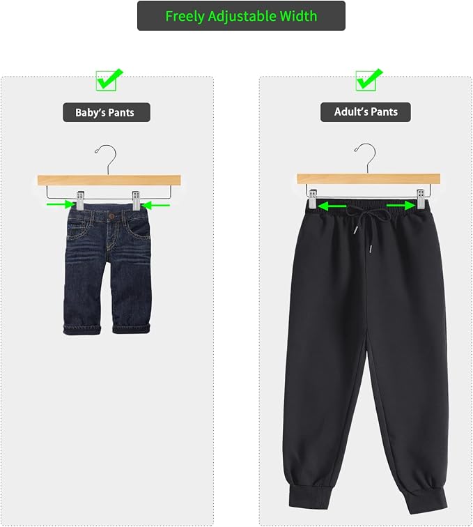 Nature Smile Deluxe Wooden Pants Hangers,Solid Lotus Wood Jeans Skirt Hanger with Clips Anti-Rust Hook Pack of 28（Natural） | Solid Wood Bottom, Jeans Hanger, Skirt Hanger, 2-Adjustable Clips - Image 3
