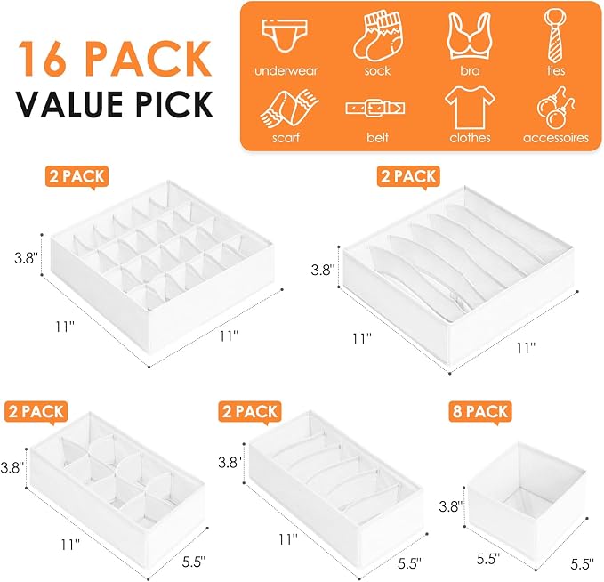 Drawer Organizer Clothes, 16 Pack Dresser Organizer Bins for Baby Clothes, Underwear Sock, Fabric Closet Organization and Storage Dividers for Nursery Bedroom (96 Compartments, White) - Image 3