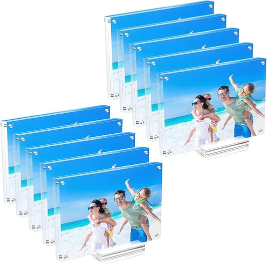 10 Pack 5x7 Acrylic Picture Frames, Double Sided Magnetic Display | Crystal Clear Frameless Photo Frames, Freestanding Desktop Display with Detachable Stand & Gift Box by JUOIFIP
