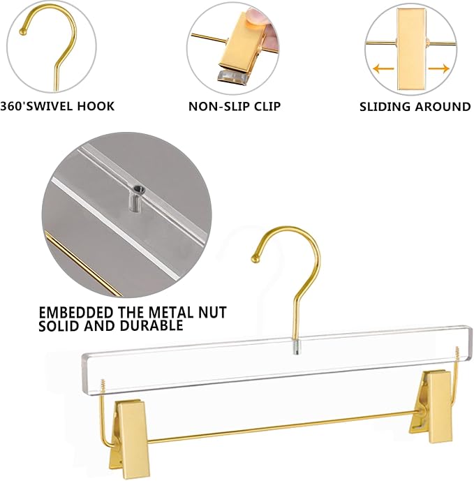 Acrylic Hangers,Clear Hangers with Gold Hooks,Luxurious Skirt Pants Hangers Gold Clips for Clothing Closet Storage 10 pcs - Image 7