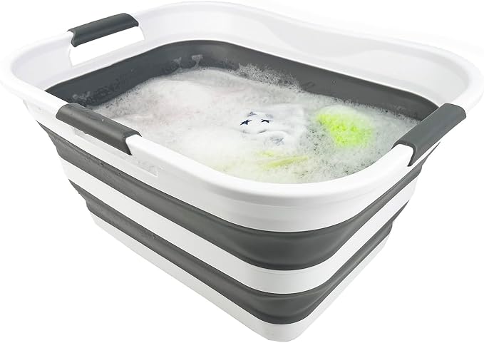 SAMMART Set of 2 Collapsible Plastic Laundry Basket/Organizer-Washing Tub-Foldable Pop Up Storage Container-Space Saving/Portable Hamper. Ideal for Home, Travel, Dorm & Camping (White/Steel Grey, 30L) - Image 5