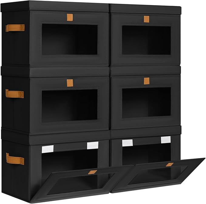 DIMJ Storage Bins with Lids - 6 Pack Front Opening Stackable Fabric Storage Boxes with Clear Window & Handles, Collapsible Closet Organizers for Clothes, Sweaters, Shelf Storage, Bedroom, Black by DiMJ