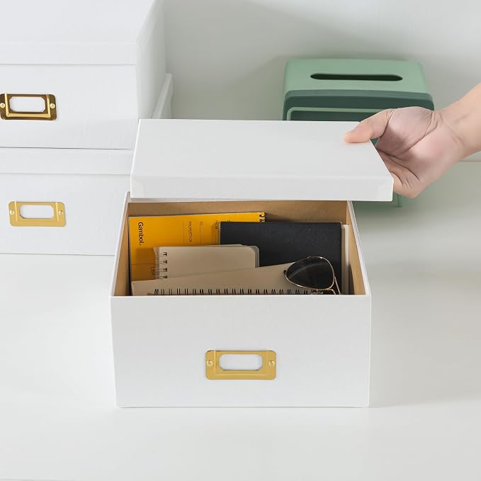 Soul & Lane - White and Gold Decorative Storage Boxes with Lids, Set of 3 | Square Stacking Kraft Memory Photo Storage with Label Holders, Nesting Cardboard Paper Bins for Office and Shelves - Image 3