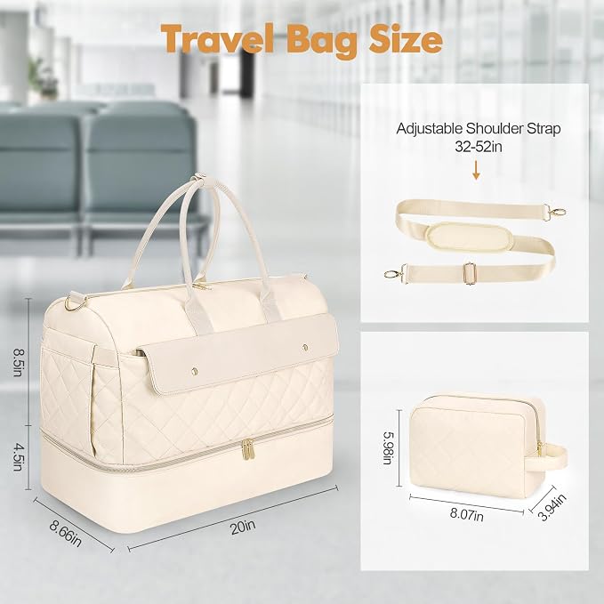 Travel Duffel Bag, Large Weekender Bag for Women with Shoe Compartment, Carry on Overnight Bag with Toiletry Makeup Bag, Gym Duffel Bag Travel Tote Bag for Travel Gym Camping Hospital, Beige - Image 4