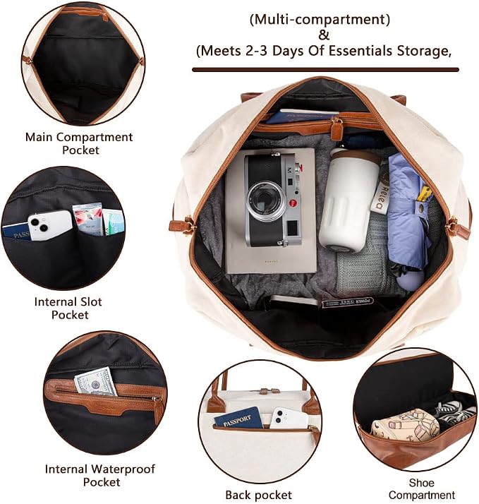 MyMealivos Canvas Weekender Bag Travel Duffel Shoe Compartment Overnight | 16oz High-Density Canvas | Airline Approved 20"x13"x10" Personal Item Size | Separate Bottom Shoe Wardrobe & Toiletry Pouch - Image 3