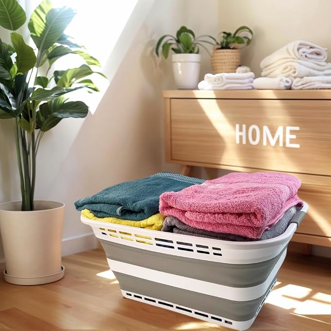 SAMMART 42L (11 Gallons) Collapsible Plastic Laundry Basket - Foldable Pop Up Storage Container/Organizer - Portable Washing Tub - Space Saving Hamper/Basket [BPA Free] (White/Grey) - Image 4