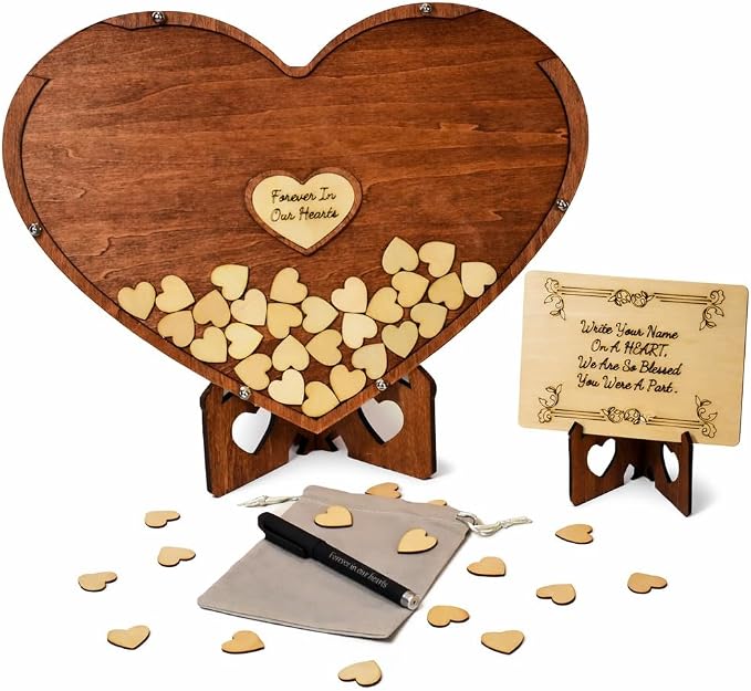 Wooden Heart Memorial Guest Book Alternative, Featuring-Forever in Our Hearts, Signing Hearts with Display Stand (100 Trinkets) by Unknown