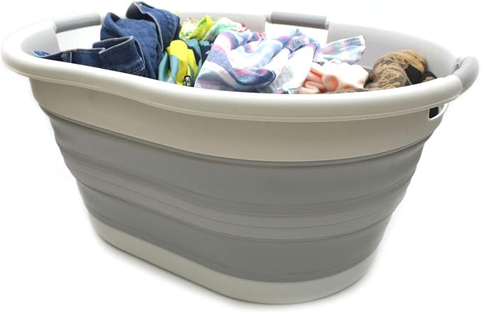 SAMMART 57L (15 Gallons) Collapsible 3-Handled Plastic Laundry Basket - Oval Tub - Portable Washing Tub-Space Saving Laundry Hamper, Water Capacity 44L / 11.6 Gallon (1, Grey) - Image 7