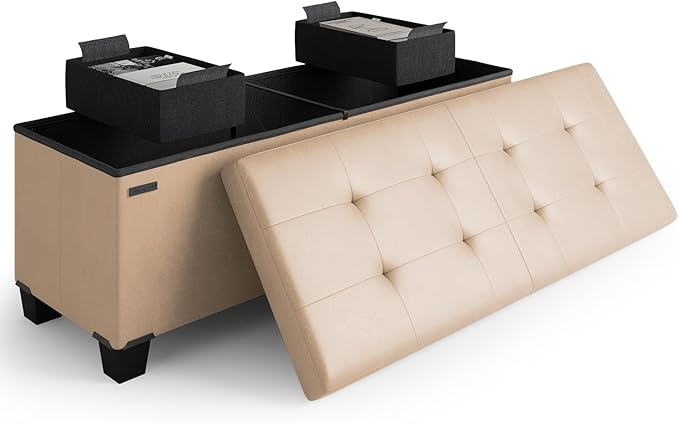 Storage Ottoman Bench with Bins, 43-in Storage Bench for Bedroom End of Bed, Folding Foot Rest Ottoman for Living Room Max 660lbs, Leather Ottomans, Taupe by STORAGEBUD