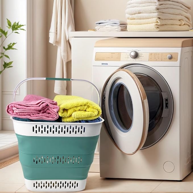 SAMMART 40L (10.5 Gallon) Collapsible Plastic Laundry Basket with Handles - Foldable Pop Up Storage Container/Organizer - Portable Laundry Hamper - Space Saving (2, White/Celadon Green) - Image 7