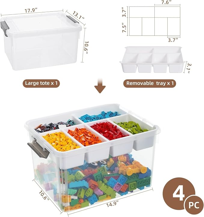 Citylife 32QT 4Packs Clear Craft Organizers and Storage Box with Tray | Stackable Art Supply Organizer Storage Bins with Lids for Beads, Markers, Sewing, Tools, Clothes, Files, Office Supplies - Image 2