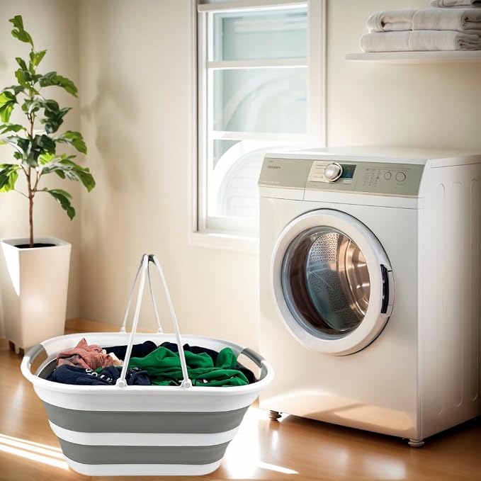 SAMMART 38L (10 Gallons) Collapsible Plastic Laundry Basket - Foldable Storage Container/Organizer - Portable Washing Tub - Space Saving Laundry Hamper (White/Grey) - Image 2