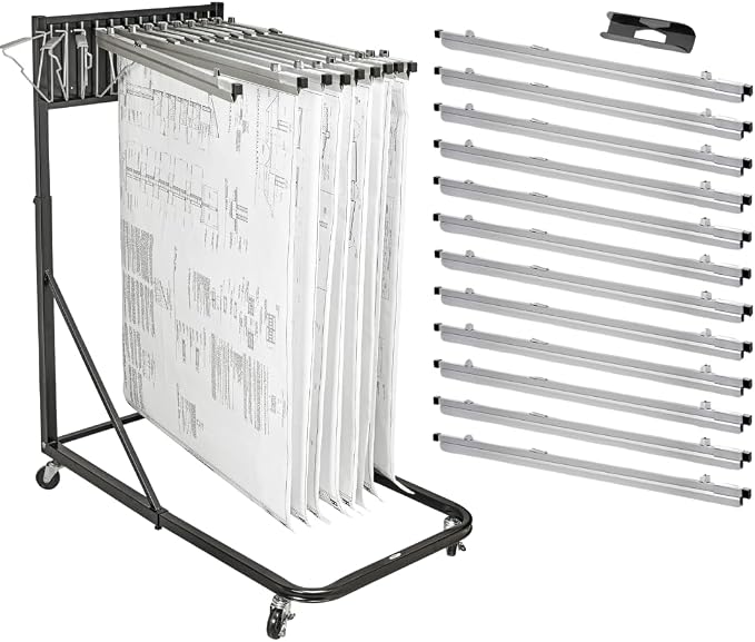 Adir Blueprint Rack and Clamps - 12 Pack of 36 Inch Blueprint Clamps and Mobile Blueprint Rack - Heavy-Duty Large Document Storage Solution for Blueprints, Posters, Maps, & Construction Plans by Adir+Corp.