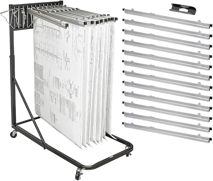 Adir Blueprint Rack and Clamps - 12 Pack of 30 Inch Blueprint Clamps and Mobile Blueprint Rack - Heavy-Duty Large Document Storage Solution for Blueprints, Posters, Maps, & Construction Plans by Adir+Corp.