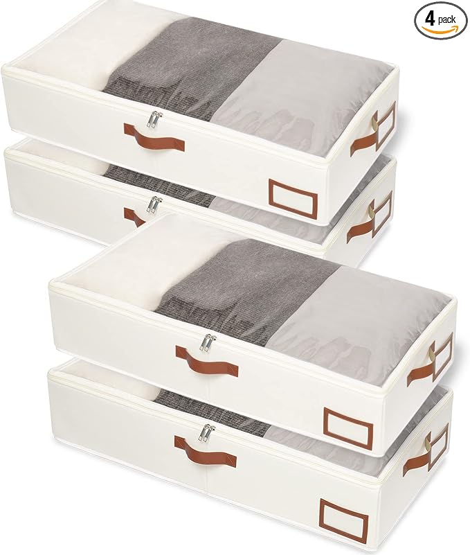 Yawinhe 48L Under Bed Storage Containers,4 Pack Blanket Bags,Beige | Foldable Underbed Storage Bins for Linen Sheets; Closet Organizer with Clear Window and 4 Handles, for Clothing by Yawinhe