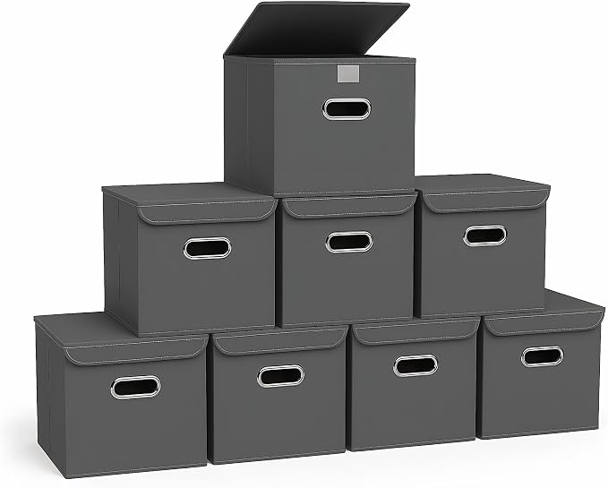 Closet Organizers Fabric Storage Bins With Lids Collapsible Cube Storage Organizer Basket With Handles,Storage Boxes for Clothes Storage,Office,Laundry,Shelves,8 Pack,（Grey） by SEVENDOME