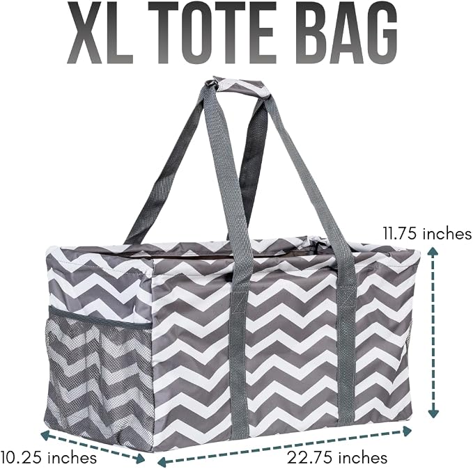 Extra Large Utility Tote Bag - Oversized Collapsible Reusable Wire Frame Rectangular Canvas Basket With Two Exterior Pockets For Beach, Pool, Laundry, Car Trunk, Storage - Chevron Gray - Image 3