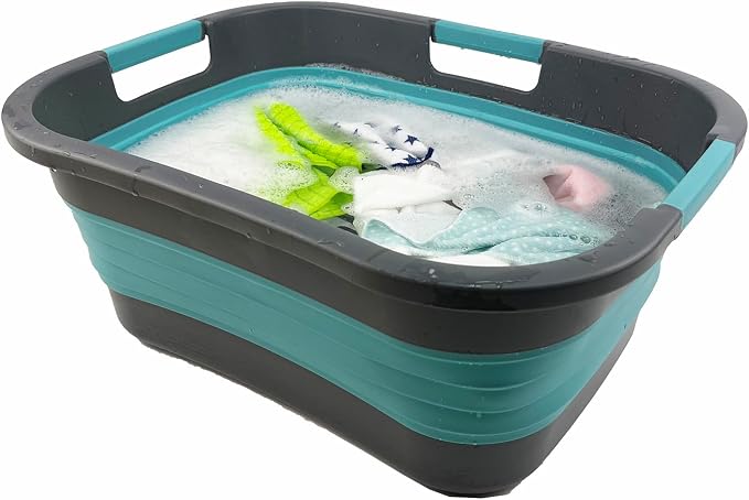 SAMMART 30L (7.9 gallon) Collapsible Plastic Laundry Basket - Foldable Pop Up Storage Container/Organizer - Portable Washing Tub - Space Saving Hamper/Basket (1, Grey/Crystal Blue) - Image 5