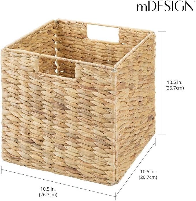 mDesign Natural Woven Hyacinth Cube Organizer Basket with Handles, Storage for Bathroom, Laundry Room Shelf or Nursery - Perfect for Cubby Storage Units - Hold Blankets and Books - 4 Pack, Natural/Tan - Image 4