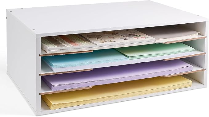 12x18 Construction Paper Organizer, 4-Tiers Paper Storage Shelf | Adjustable Wooden Desk Organizer, Stackable File Holder and Letter Tray for Office, Home, Classroom by Yumkfoi