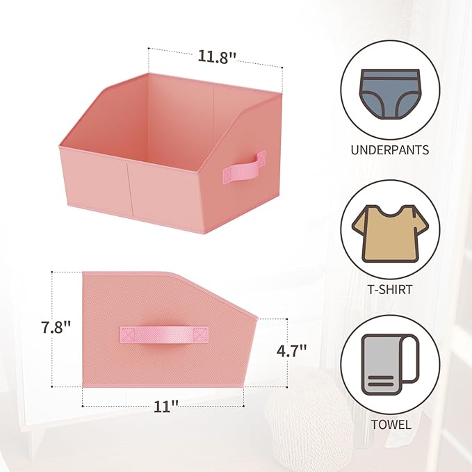 Storage Bins for Shelves - Small Trapezoid Closet Shelf Organizer, Fabric Organization Bins with Handles, Storage Baskets for Clothes, Towel, Purse, 6 Pack, Pink - Image 2