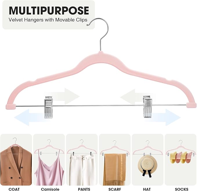 24-Pack Blush Pink Velvet Hangers with Clips Adjustable,Adult Hangers,Heavy-Duty,Felt,Non-Slip,Space Saving,Slim Outfit Hanger for Pants, Skirts, Suits,Coats, Dresses ect. - Image 6