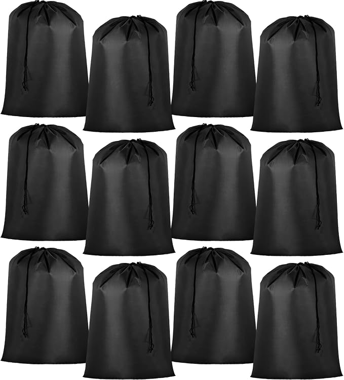 Woanger 12 Pack 28 x 45 Inch Extra Large Laundry Bags Bulk, Black | Washable Polyester, Drawstring Closure, For Clothes and Bedding, Foldable for College Dorms, Hotels, Camping and Travel by Woanger