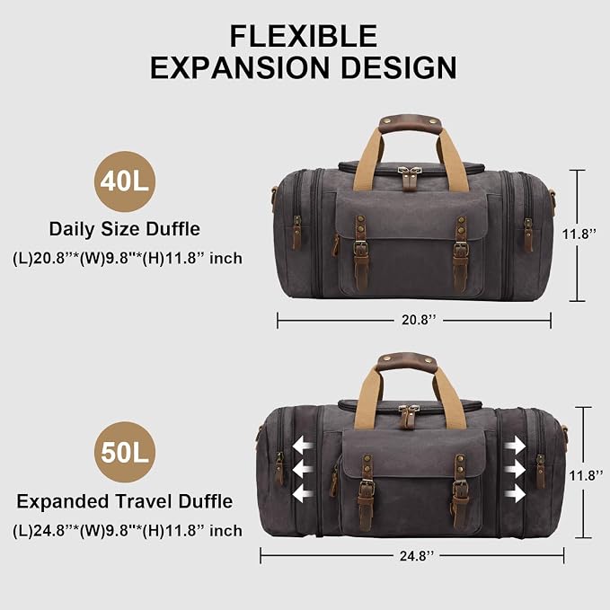 Waxed Canvas Duffel Bag 50L, Dark Grey | Waterproof, Travel, Overnight, Weekender - Image 3
