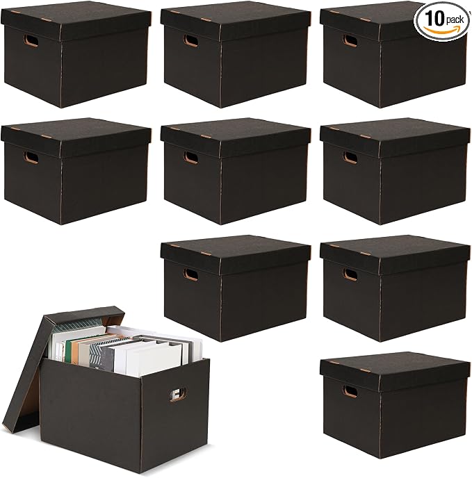 10 Pcs 15 x 12 x 10 Inch Archival Storage Cartons Bulk, Acid Free Buffered Corrugated Board Ready-To-Assemble Photo Storage Box for Storing Documents Magazines Photos Cards(Black) by Kritkin