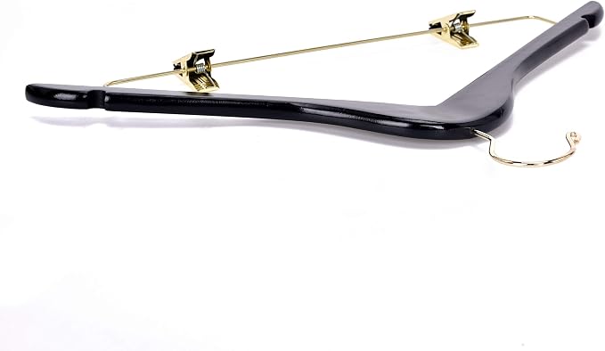 Quality Wooden Skirt Hangers with Clips, 10-Pack Smooth Solid Wood Pants Hangers with Durable Adjustable Metal Clips, Swivel Hook, Coat, Jacket, Blouse Suit Hangers (Black - Gold Hook, 10) - Image 6