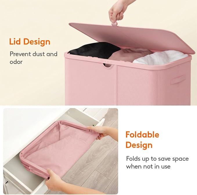 Lifewit 185L 3 Section Laundry Hamper with Lid, Laundry Basket, Pink | Large Foldable Laundry Sorter with 3 Removable Bags, Tall Clothes Hamper for Bedroom and Bathroom - Image 7