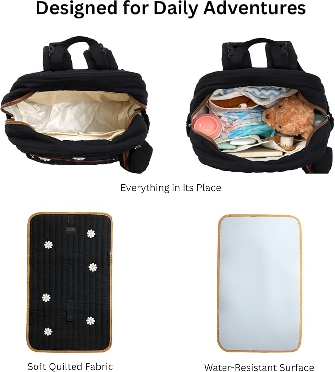 Large Diaper Bag Backpack with Changing Pad, Insulated Bottle Pockets, Travel & Hospital Bag for Mom & Dad (Large - Black Flowers) - Image 3