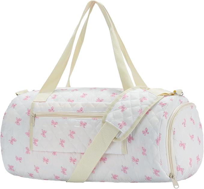 White Pink Bow Quilted Weekender Duffle Bag with Shoe Compartment | Women's Overnight Gym Bag for Travel, Carry-On Duffel with Luggage Sleeve for Hospital Labor & Weekend Getaway by Unknown