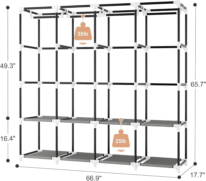 Portable Closet for Hanging Clothes, 67 Inch Wide Portable Wardrobe Closet with Cover, 4 Hanging Rod, Storage Shelves and Side Pockets, Large Free Standing Closet for Bedroom, Grey - Image 3