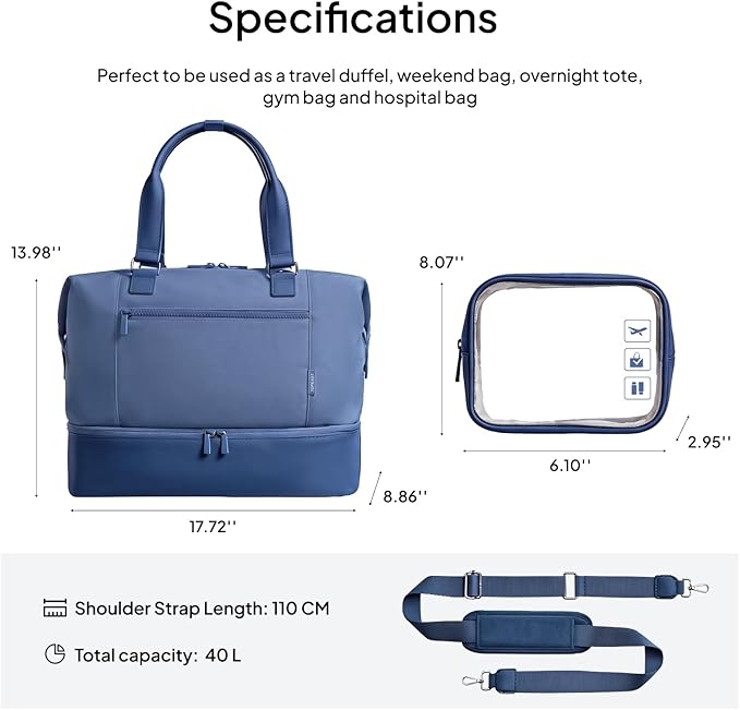 Travel Duffle Bag for Women, 40L Weekender Bags Airline Approved Carry On with Shoe Compartment & Waterproof Wet Pocket, Durable Nylon Weekender Overnight Bag for Travel, Gym, Business Trip, Blue - Image 3