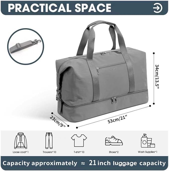 Oeihuivt Weekender Bags for Women - 21 Inch Large Travel Duffel Bag Set with Shoe Compartment, Heavy-Duty nylon Carry On Overnight Tote Gray - Image 3