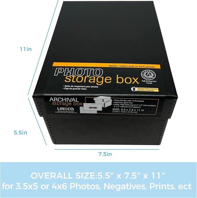 Lineco 4x6 Photo Storage Box, with 12 Envelope, 5.5x7.5x11, Black, 2 Pack | Holds Up to 1000 3.5" x 5", or 4" x 6" Pictures, Metal Edge, Archival Organizer for Cards, Prints, Stickers, Stamps, Seeds - Image 3