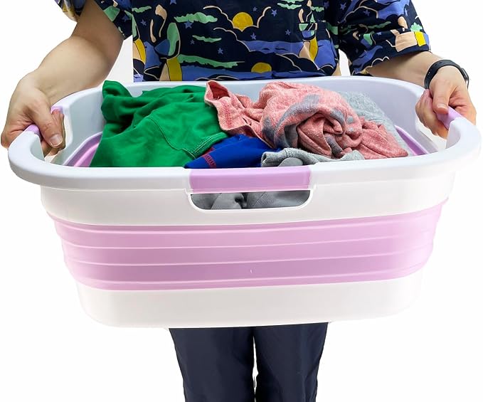 SAMMART 30L (7.9 gallon) Collapsible Plastic Laundry Basket - Foldable Pop Up Storage Container/Organizer - Portable Washing Tub - Space Saving Hamper/Basket (1, White/Pale Purple) - Image 7