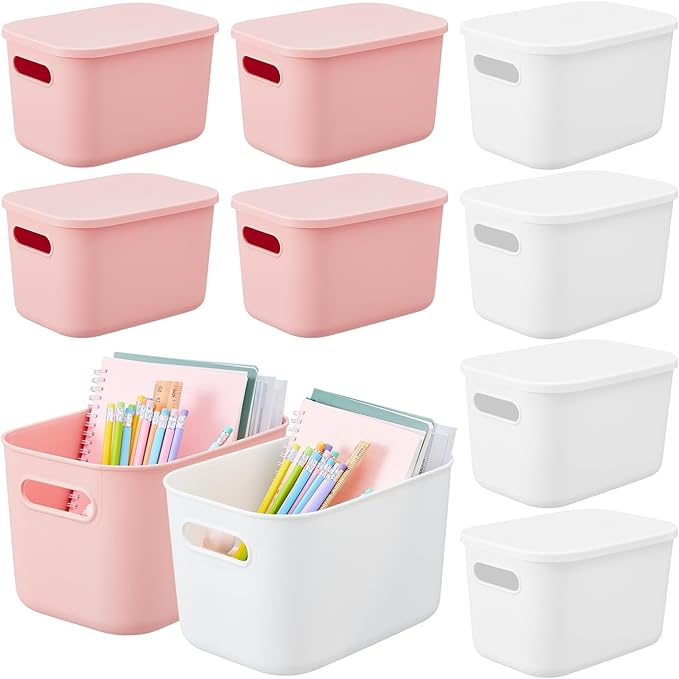 8 Pack Storage Bins, 14.2 X 10.2 X 9.5 Inch White and Pink | Plastic Stackable Containers with Lid Handle, For Shelves Desktop Playroom Office, Organizing Toys Books Supplies Storage by Hoolerry