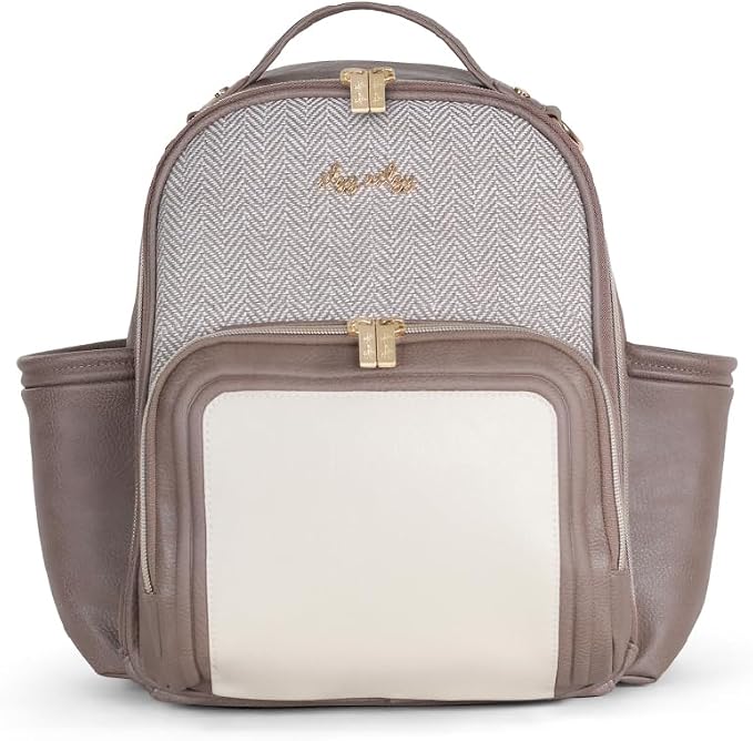 Itzy Ritzy Mini Diaper Bag Backpack, 10 Pockets Changing Pad, Vanilla Latte | Chic Mini Plus Diaper Bag with 2 Insulated Bottle Pockets, Key Lanyard, Wipeable Changing Pad, Grab-Top Handle & Rubber Feet by Unknown