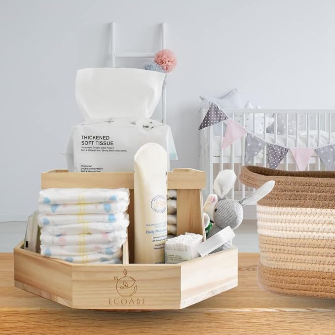 Wooden Diaper Caddy Organizer - 360 Degrees Rotating Caddy with Removable Dividers, Nursery Diaper Organizer - Image 5