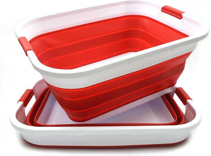 SAMMART Set of 2-41L(10.8 gallon) Collapsible Plastic Laundry Basket-Pop Up Storage Container-Portable Washing Tub-Space Saving Hamper/Basket, Water capacity:32L(8.4 gallon) (2 Rectangular, Red) - Image 2