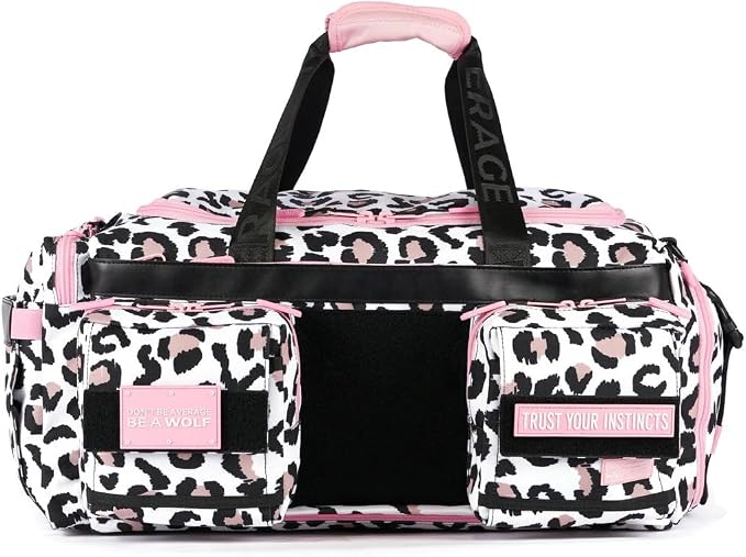 WOLFpak Ultimate 40L Gym & Travel Duffle Bag Rigid Frame (Leopard Pink Zip) | 16" Dual Laptop Sleeves, 180° Full Opening, Hidden Security Pocket, Shoe Compartment, Trolley Sleeve, MOLLE Webbing by WOLFpak