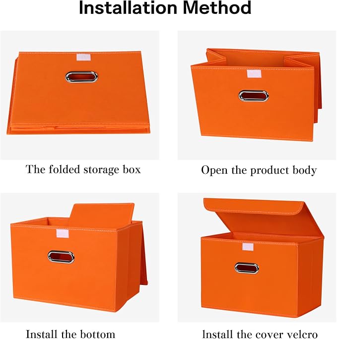 Linen Fabric Foldable Collapsible Storage Cube Bin Organizer Basket Fabric Storage Bins with Lid, Leather Handles, Removable Divider for Home, Closet, Orange - Image 6