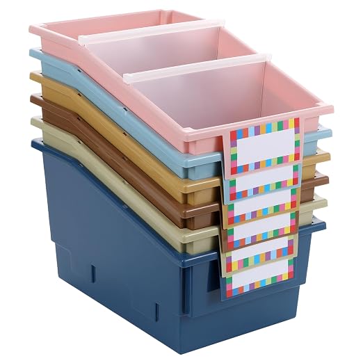 gisgfim 6 Pack Picture Book Bin with Dividers Classroom Library Book Bin Small Plastic Books Holders with Labels for Classroom Library Magazines Storage Organizer 13.5 x 8.75 x 7.75 in(Vintage) by gisgfim
