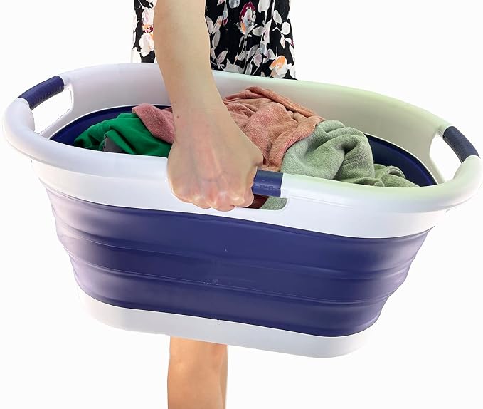 SAMMART Set of 2 Collapsible 3 handled Plastic Laundry Basket-Oval Tub/Basket-Foldable Storage Container/Organizer-Portable Washing Tub-Space Saving Laundry Hamper (40L Oval-White/Navy Blue) - Image 7
