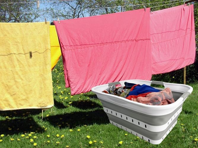 SAMMART 42L (11 gallons) Set of 2 Plastic Foldable Storage Basket/Container - Collapsible, Space Saving and Portable Laundry Hamper, Ideal for Home, Travel, Dorm, and Camping (2, White/Grey) - Image 3