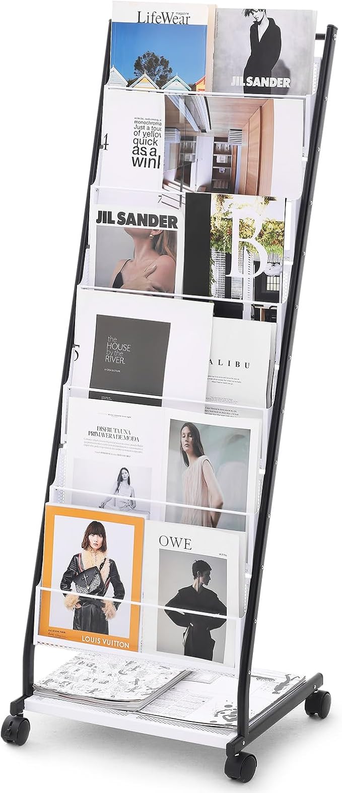 VEVOR Brochure Display Rack, 6-Tier Magazine Literature Display Stand, Floor Standing Magazine Rack Newspaper Catalog Holders, Movable with 4 Wheels (2 Lockable) for Shop Exhibitions Office, 6 Pockets by VEVOR